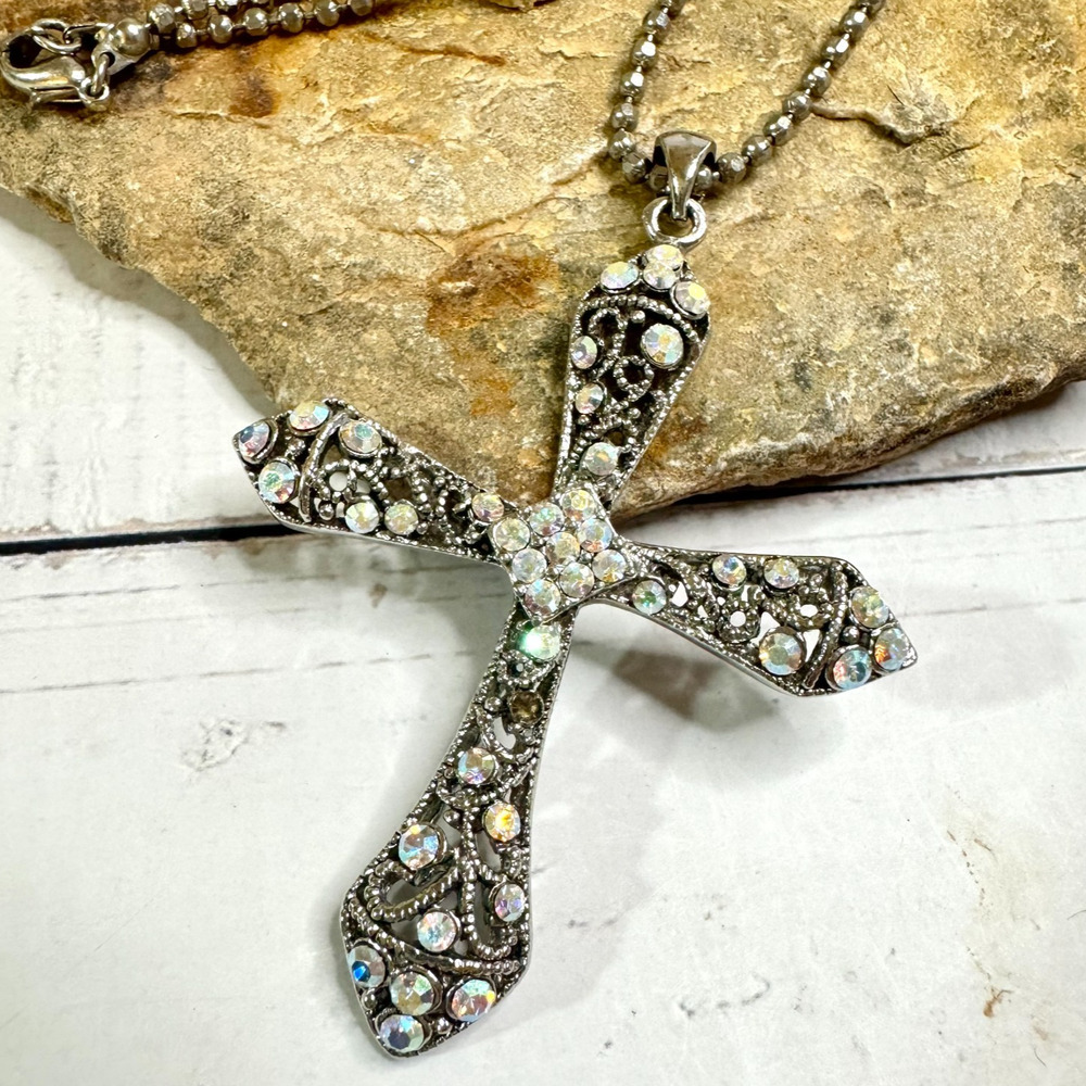 Vtg Cross Necklace Aurora Borealis Rhinestone Premier Designs 2.5" Pendant READ